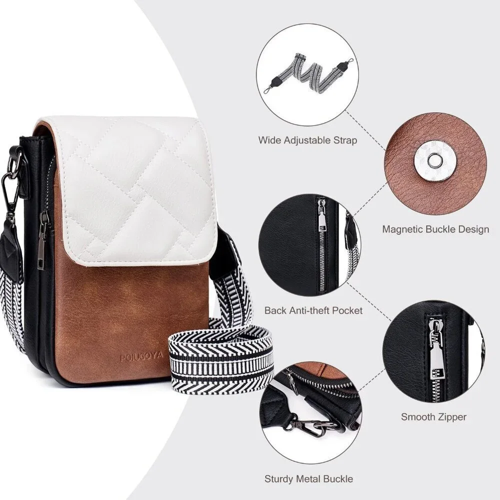 Womens Black Brown Leather Purses Imported Magnetic Snap Crossbody Zipper Bag - Picture 4 of 6